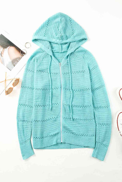 Cardigan zippé à capuche ajouré et manches raglan