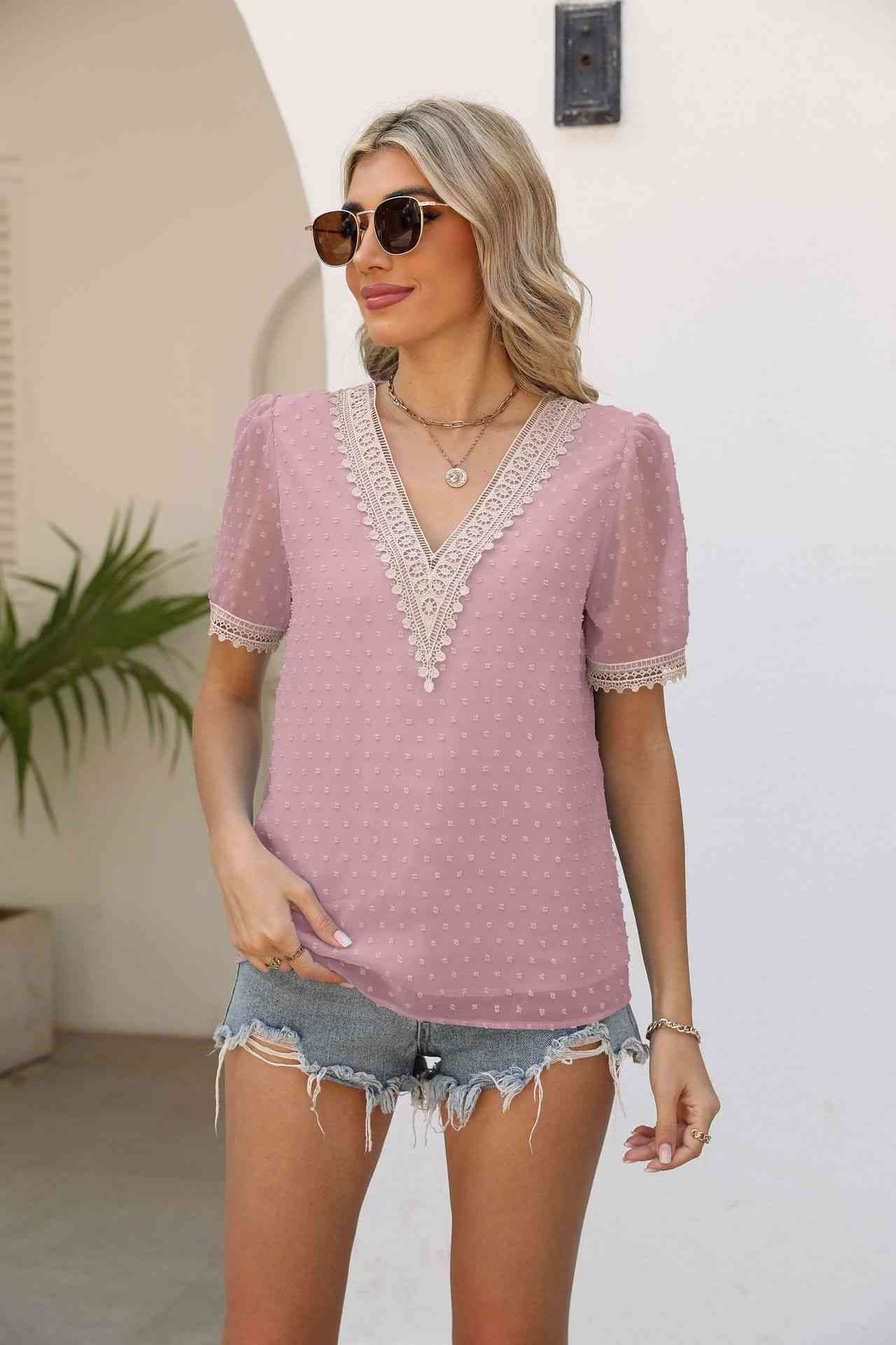 Contrast V-Neck Swiss Dot Top