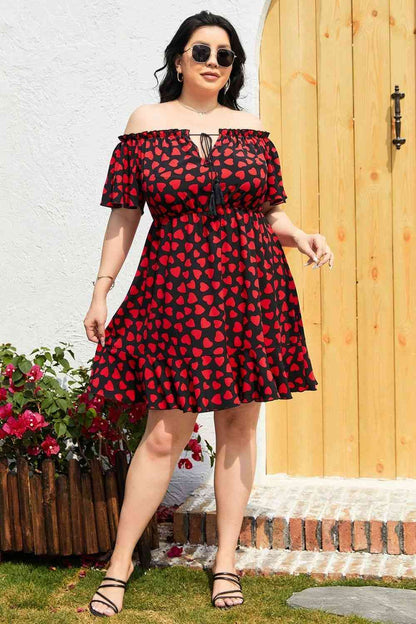 Robe Nouée à Epaules Dénudées Imprimé Coeur de Grande Taille