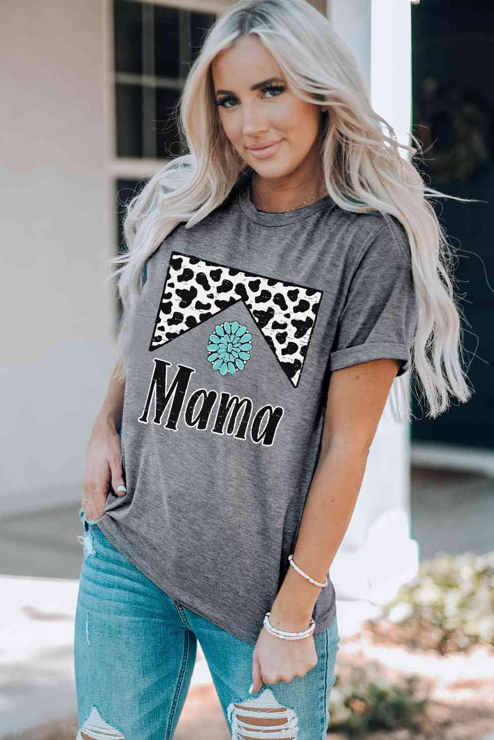 Camiseta con cuello redondo y manga con puños y gráfico MAMA