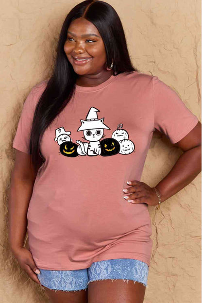 Simply Love T-shirt en coton avec motif chat et citrouille pleine taille