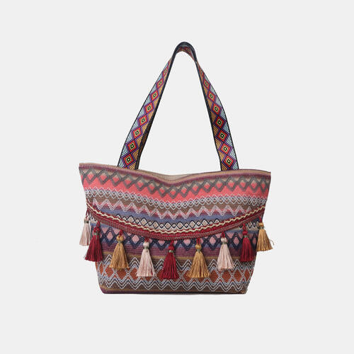 Bolso tote estampado con detalle de borlas