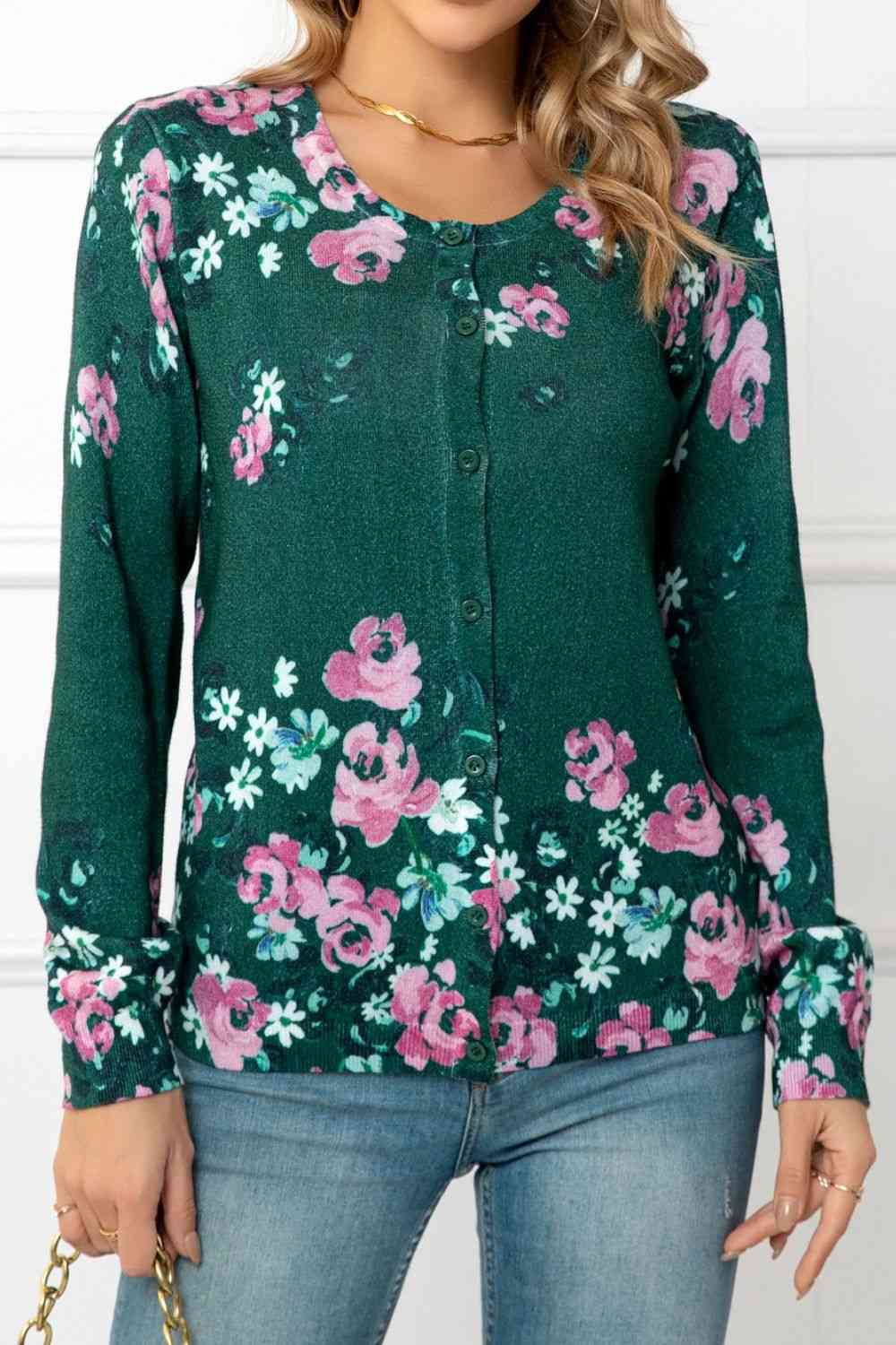 Woven Right Floral Button Front Round Neck Cardigan