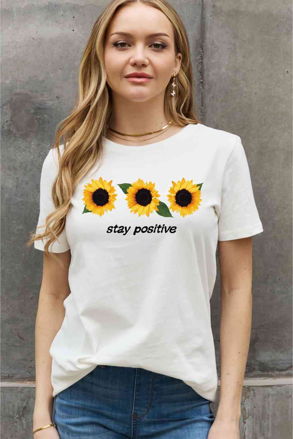 Simply Love Full Size STAY POSITIVE Sunflower Graphic Cotton Tee