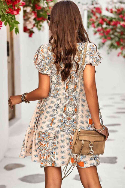 Printed Round Neck Flutter Sleeve Dress