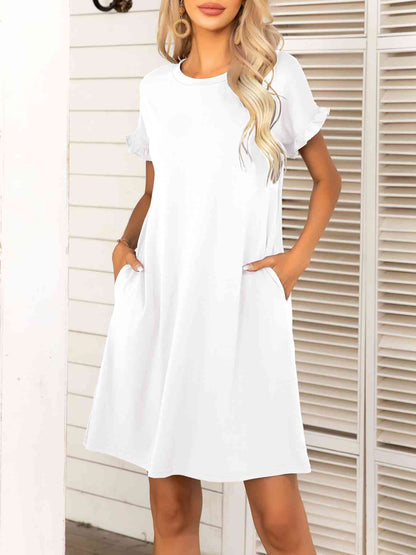 Round Neck Flounce Sleeve Dress with Pockets