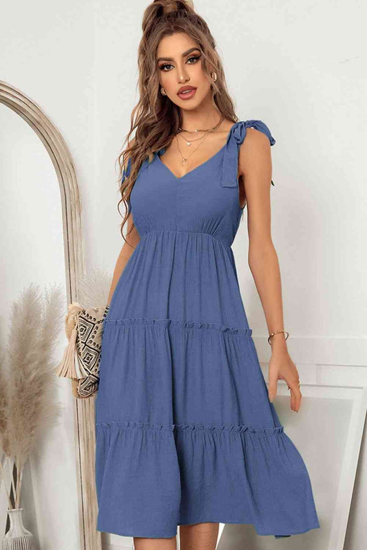 Tie Shoulder V-Neck Tiered Dress