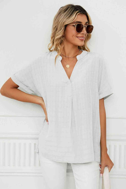 Side Slit Notched Neck Cuffed Short Sleeve Blouse