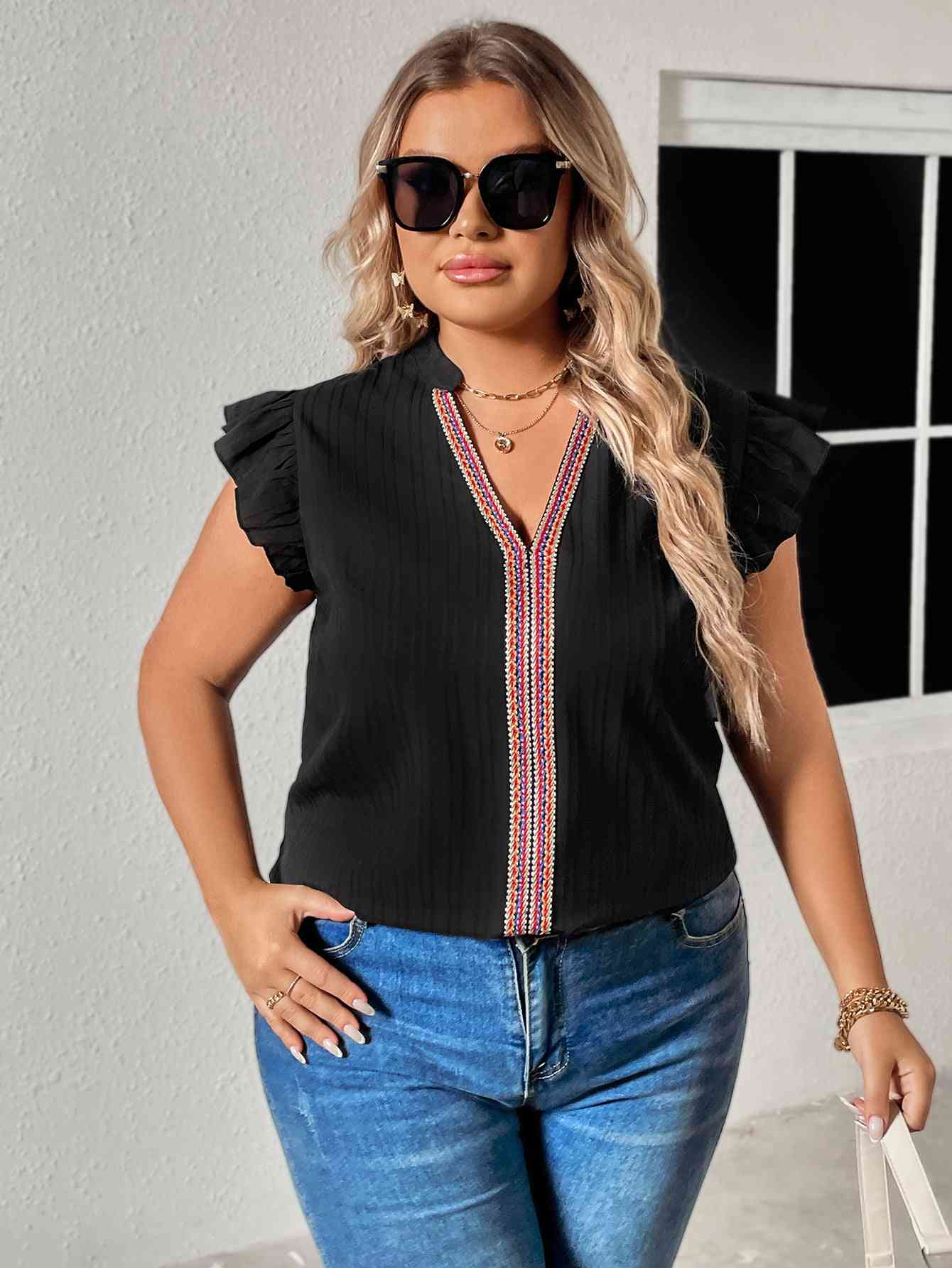 Plus Size Notched Neck Butterfly Sleeve Blouse