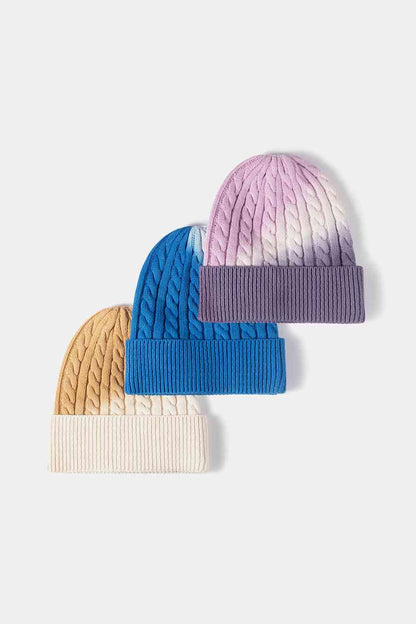 Gorro con puños de punto trenzado con efecto tie-dye en contraste