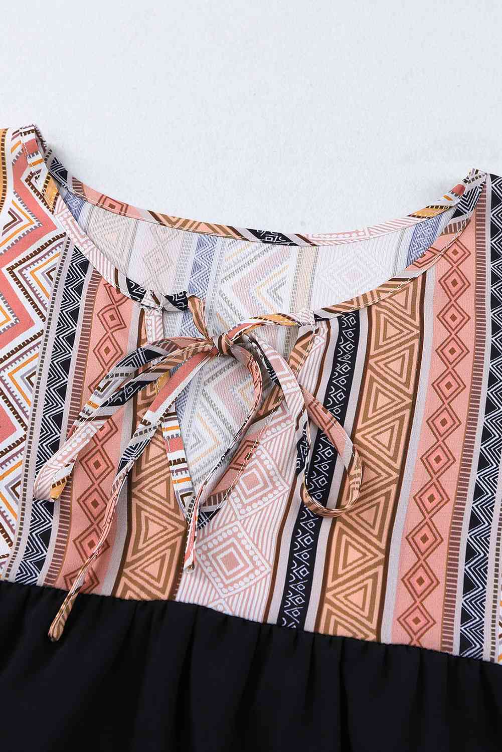 Geometric Print Color Block Tied Babydoll Blouse