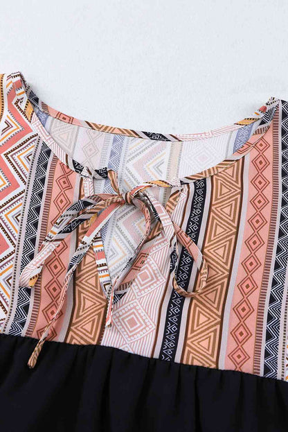 Geometric Print Color Block Tied Babydoll Blouse