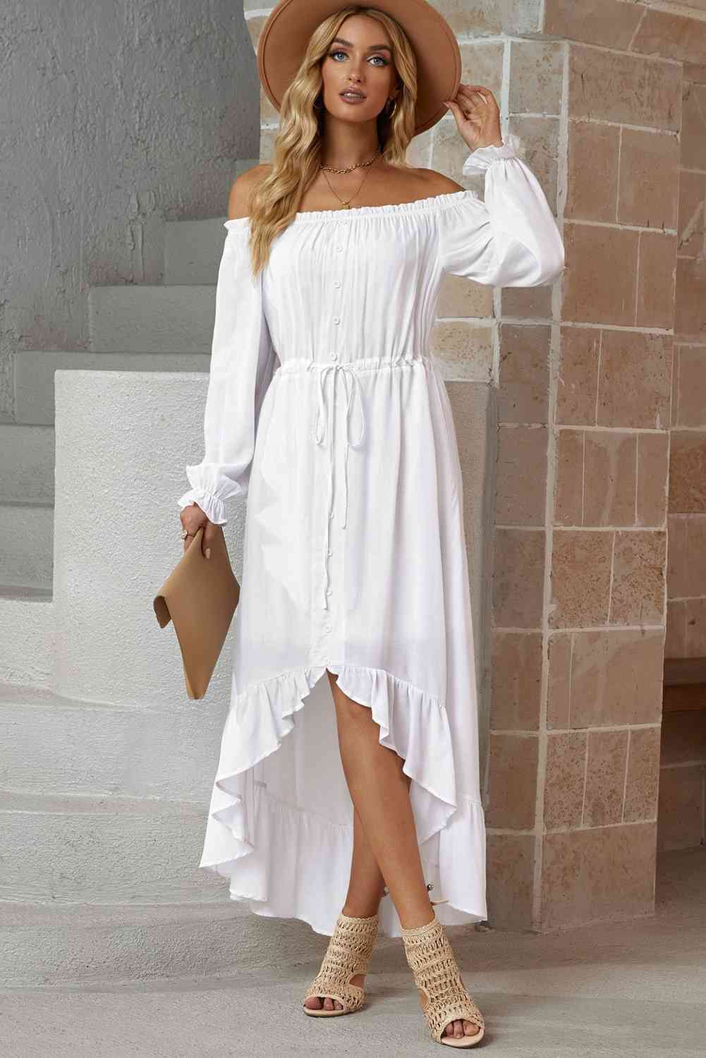 Decorative Button Ruffled High-Low Off-Shoulder Dress