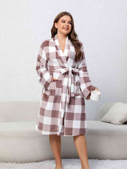 Plus Size Plaid Tie Front Robe with Pockets