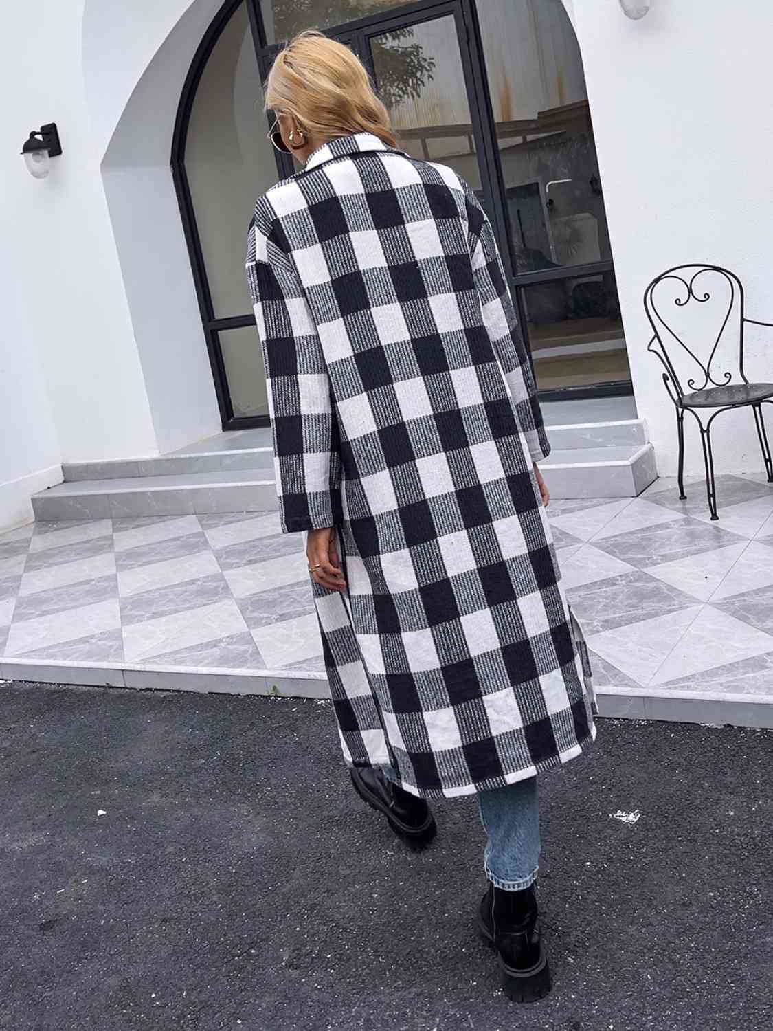 Plaid Collared Neck Slit Longline Coat