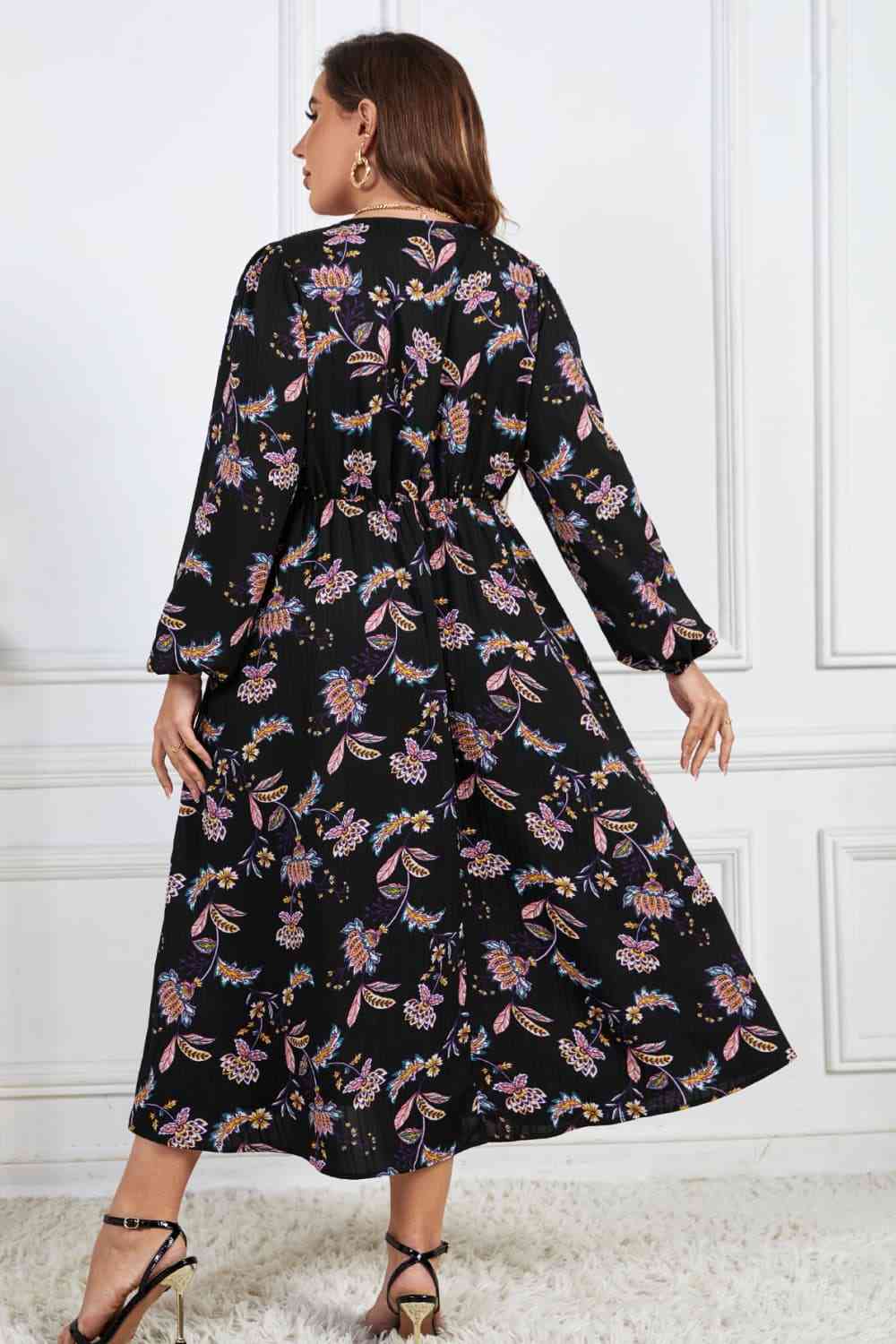 Melo Apparel Robe mi-longue à manches longues et imprimé floral de grande taille