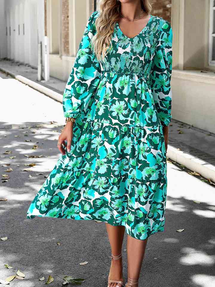 Robe midi smockée à imprimé floral