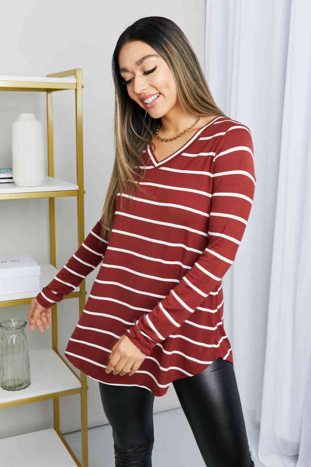 Zenana Full Size Striped V-Neck Long Sleeve Top in Dark Burgundy/Ivory