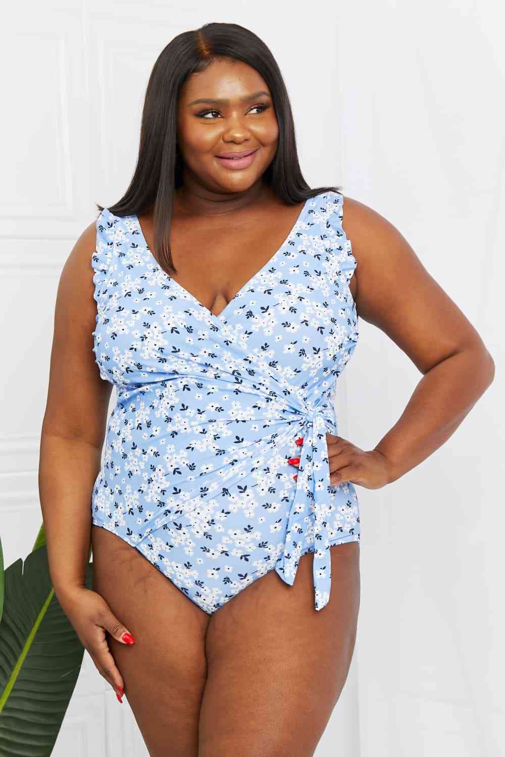 Marina West Swim Full Size Float On Ruffle Faux Wrap One-Piece in Blossom Blue