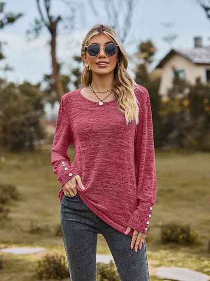 Round Neck Long Sleeve Buttoned T-Shirt