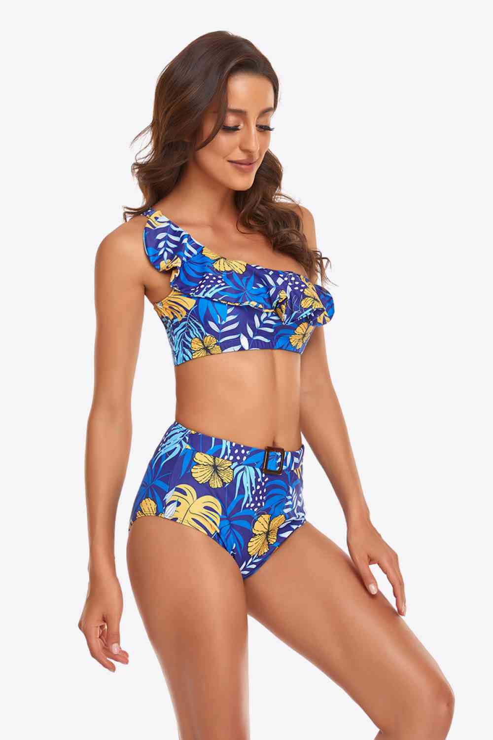 Conjunto de bikini con volantes y un solo hombro con hebilla