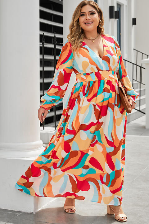 Plus Size Printed Lantern Sleeves V-Neck Dress