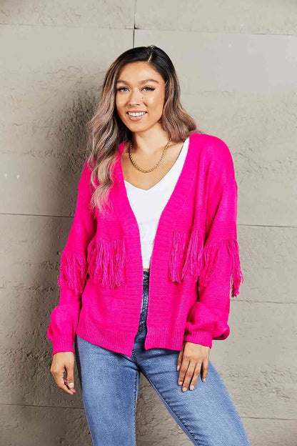 Double Take Fringe Trim Open Front Cardigan