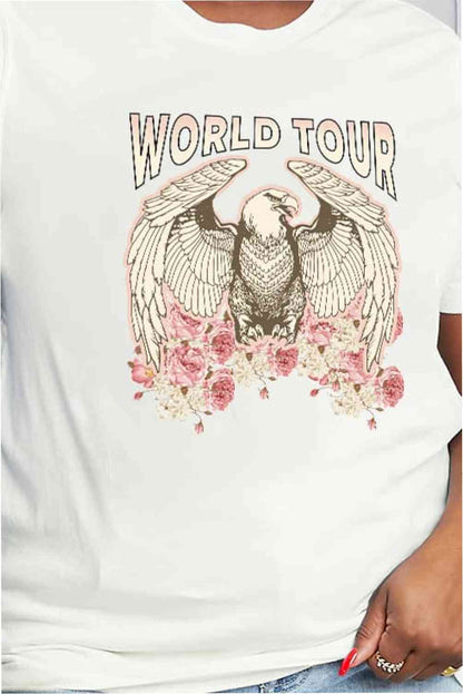 Camiseta de algodón con gráfico de águila WORLD TOUR de tamaño completo de Simply Love