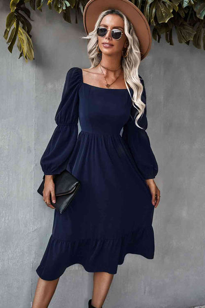 Square Neck Ruffle Hem Long Bubble Sleeve Midi Dress