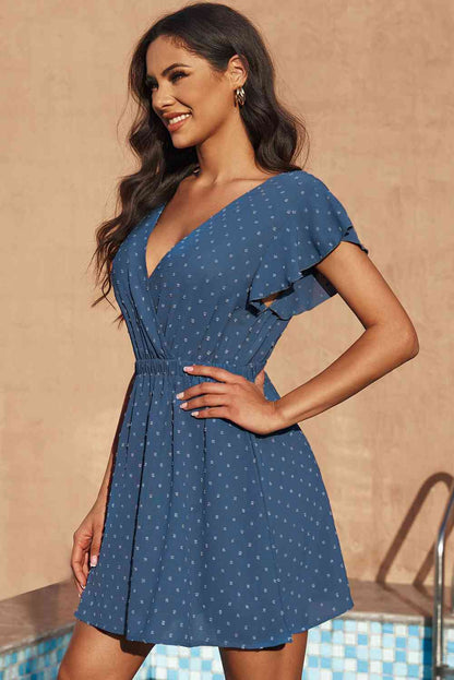 Tie Back Surplice Neck Flutter Sleeve Dress