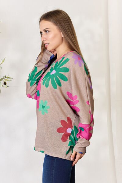 Hopely Top floral de manga larga con cuello en V de tamaño completo