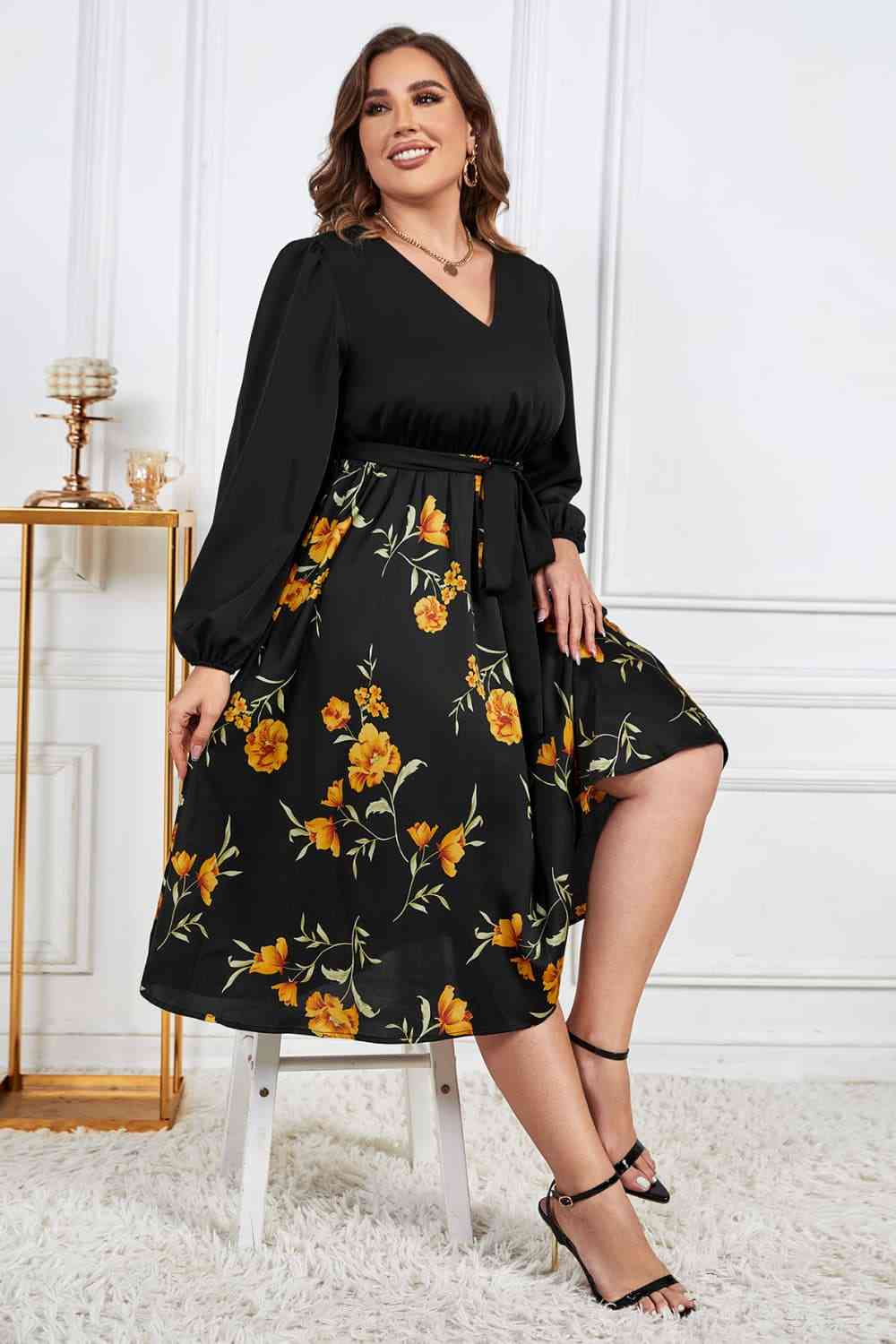 Melo Apparel Robe mi-longue à imprimé floral et ceinture à nouer, grande taille, col en V, manches ballon