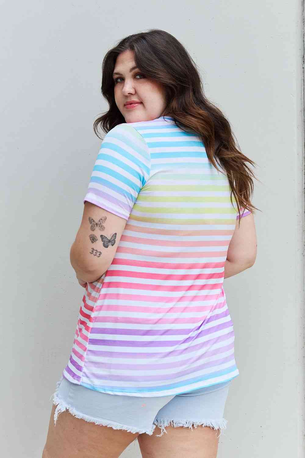 Heimish Out And Proud Full Size Multicolored Striped V-Neck Short Sleeve Top