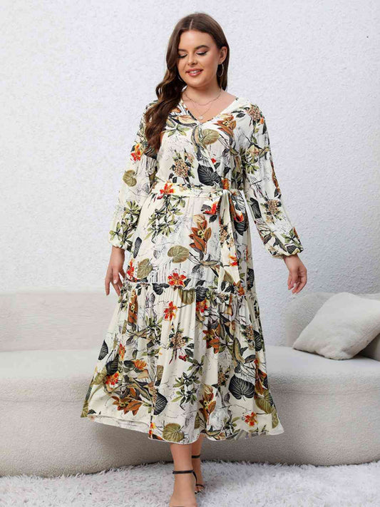 Robe Midi Florale Nouée à Manches Ballon de Grande Taille