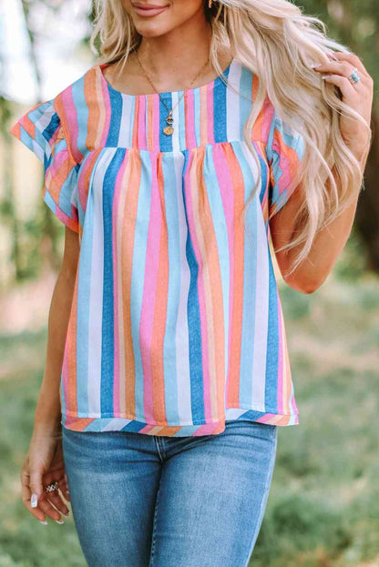 Multicolored Stripe Flutter Sleeve Blouse