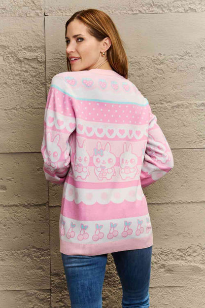 Pull tissé droit pleine taille à col rond avec motif lapin mignon