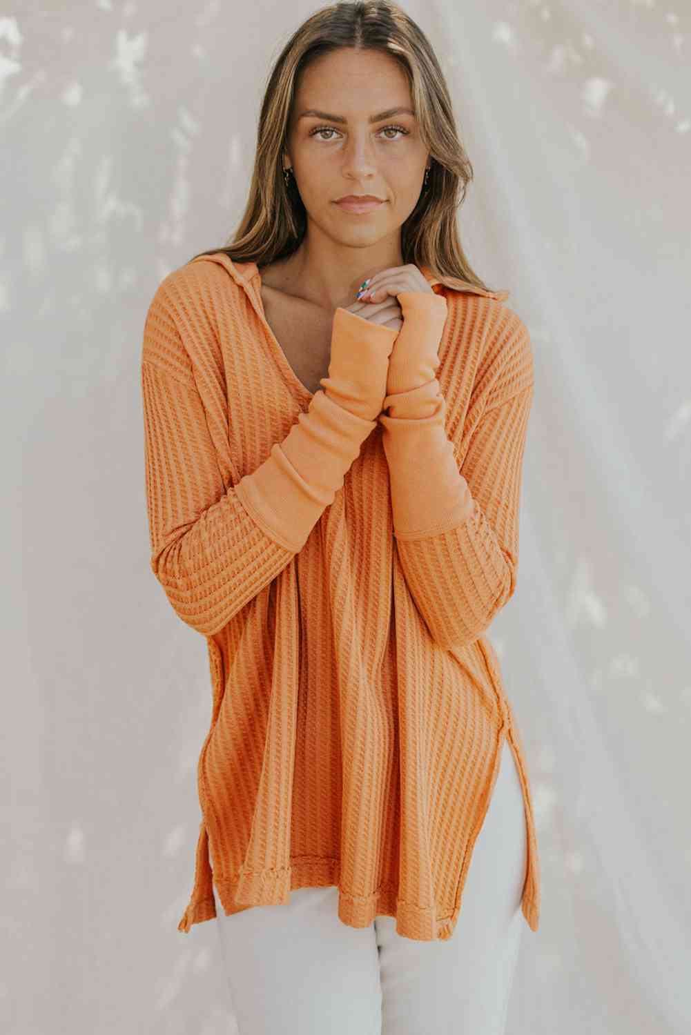 Waffle-Knit Slit Drop Shoulder Top