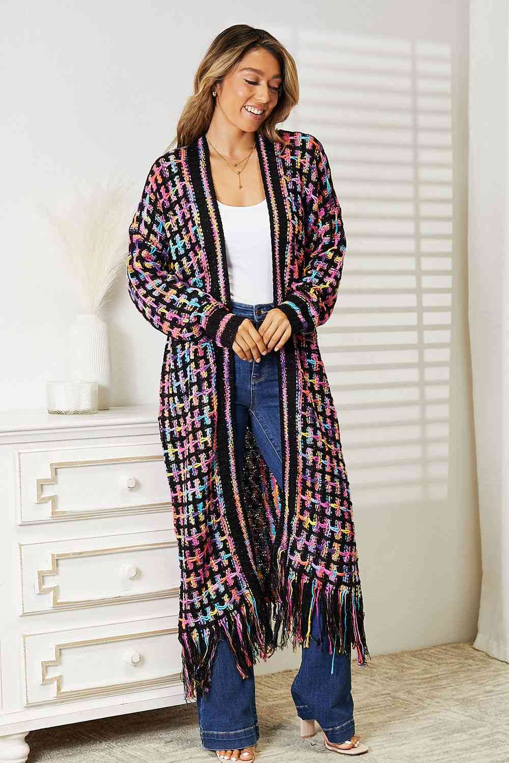 Double Take Cardigan multicolore ouvert sur le devant avec ourlet à franges pleine taille