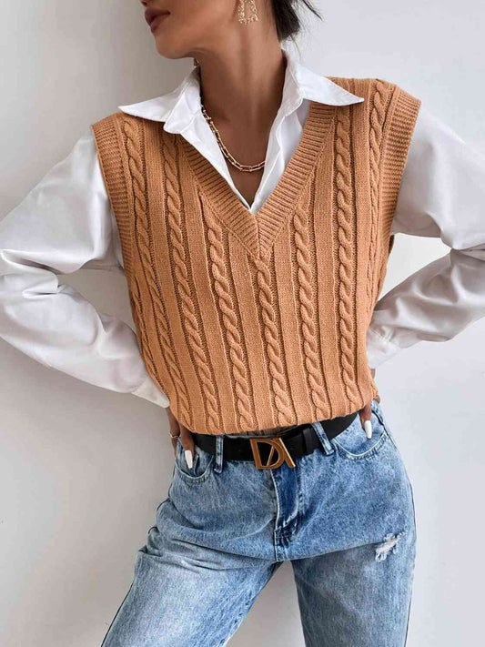 Gilet pull sans manches à col en V en tricot torsadé