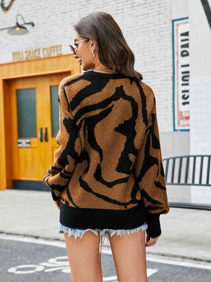 Printed Round Neck Long Sleeve Sweater