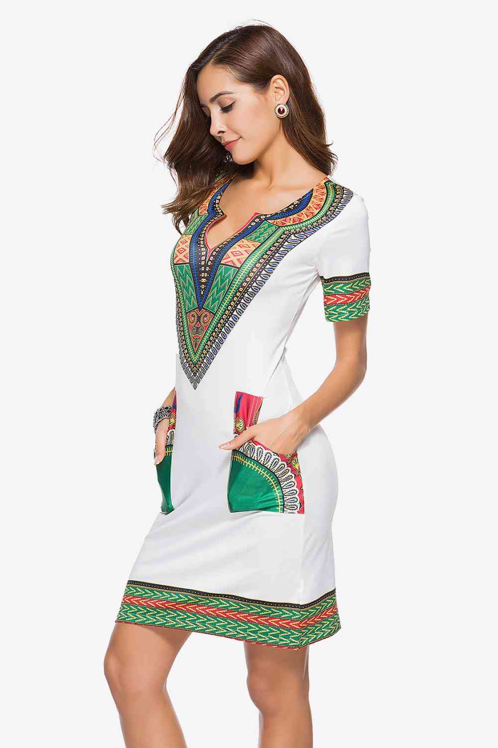 Full Size Printed Notched Neck Short Sleeve Mini Dress