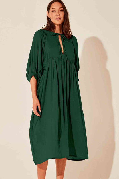 Tie Neck Lantern Sleeve Midi Dress