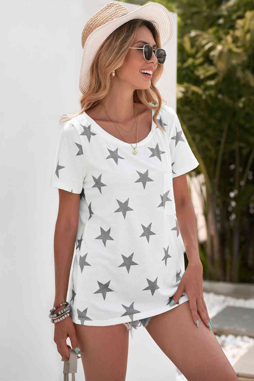 Star Print Round Neck Short Sleeve Top