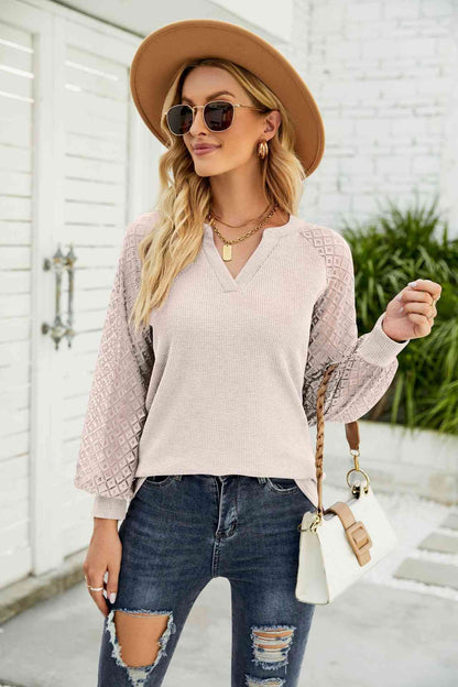 Waffle-Knit Spliced Lace Notched Top