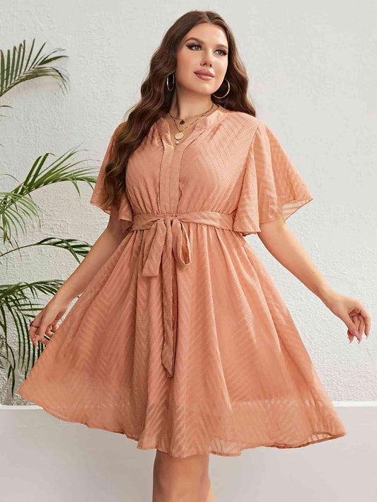 Plus Size Tie Waist Notched Neck Flutter Sleeve Dress