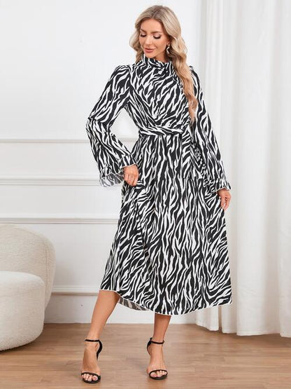 Animal Print Tie Front Ruffle Trim Dress