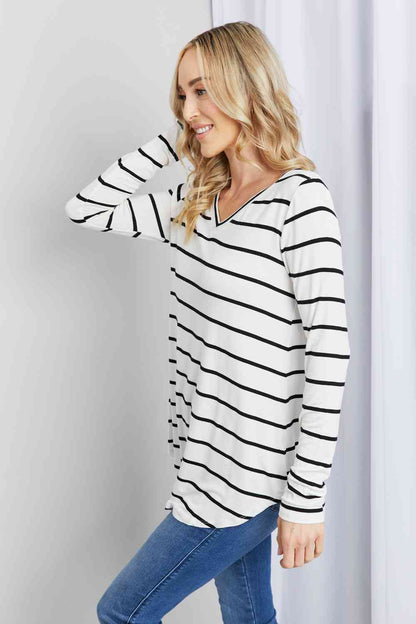 Zenana Full Size Striped V-Neck Long Sleeve Top