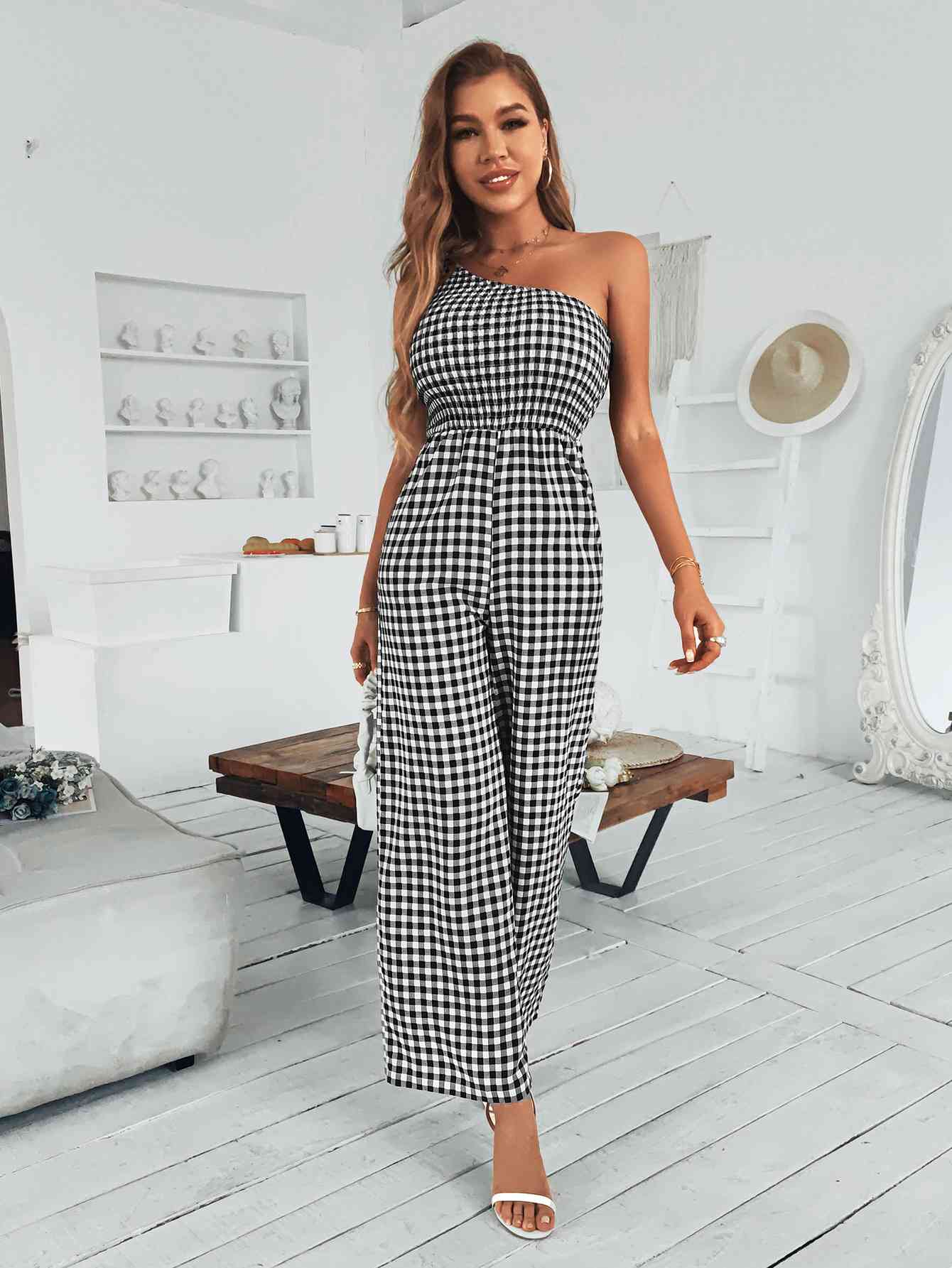 Plaid One-Shoulder Wide Leg Jumpsuit with Pockets