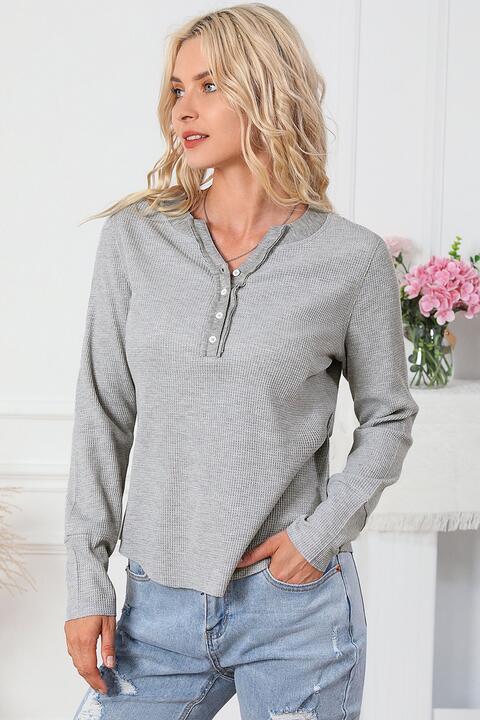 Waffle Knit Buttoned Notched Neck Long Sleeve T-Shirt