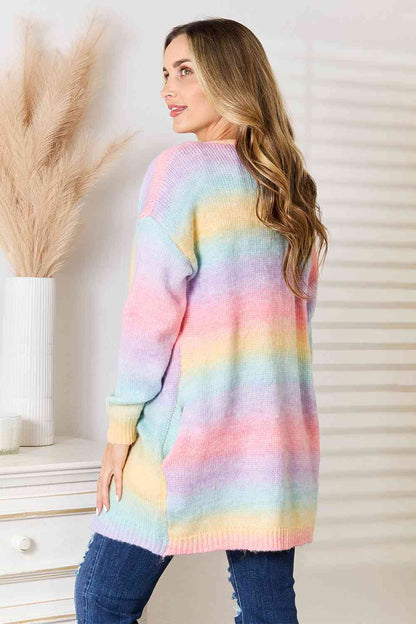 Cardigan long tissé à droite, dégradé multicolore, ouvert sur le devant